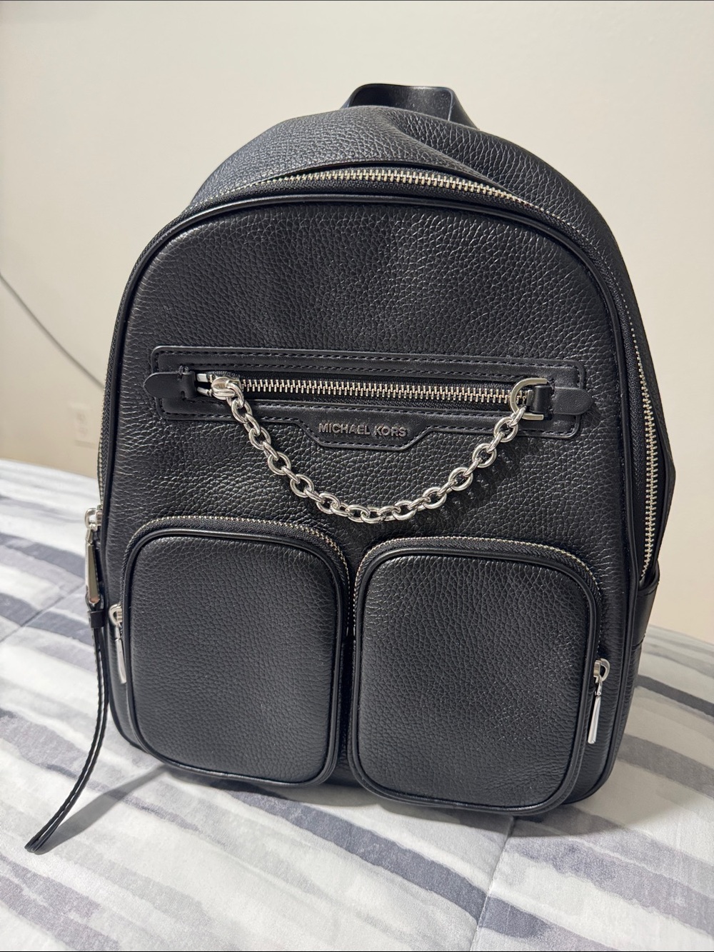 Michael Kors Elliot MD Leather Backpack with Silver Chain Detail